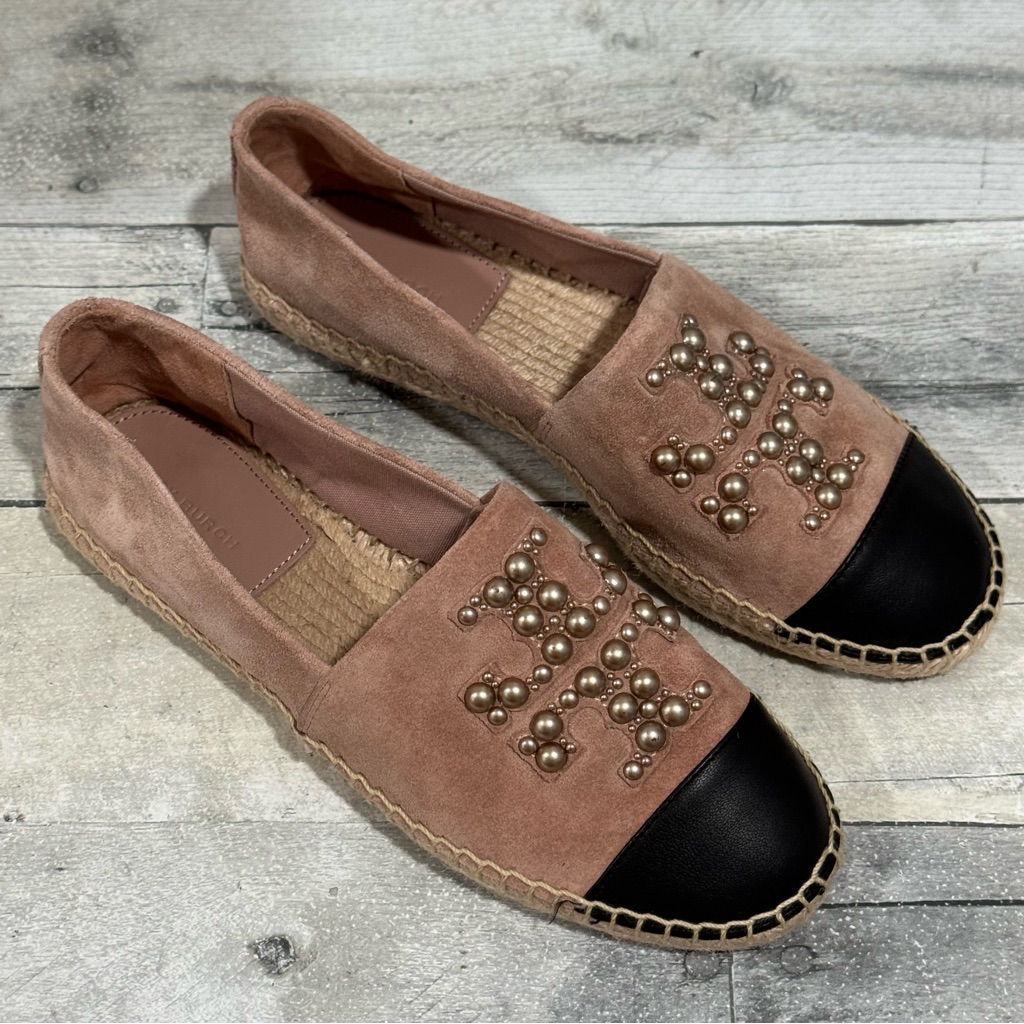 Tory Burch Pearl Logo Suede Flat Espadrilles Cap Toe In Meadow Sweet - Sz - 7